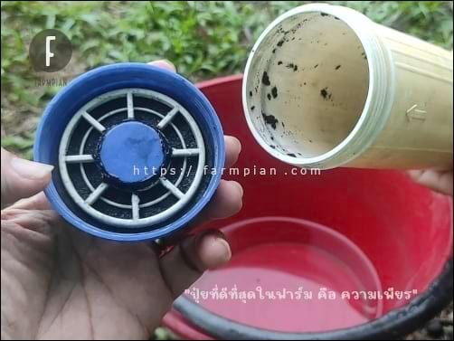 ด้านในของฝาปิดกระบอกกรองฝาบน จะมีตะแกรงพลาสติก และใยสังเคราะห์ ซึ่งในภาพ จะเห็นว่า ค่อนข้างตัน จากเขม่าของผงถ่าน อุดตันช่องว่างของใยกรองจนเห็นแต่สีดำ
